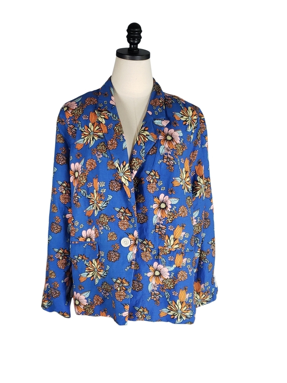 Modcloth 2X Floral Colbalt Blue Button-Up Linen Blend NWOT Blazer Jacket Retro